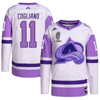 Men's Andrew Cogliano Colorado Avalanche Adidas Hockey Fights Cancer 2022 Stanley Cup Champions Jersey - Authentic White/Purple