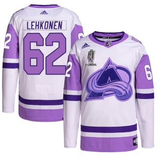 Men's Artturi Lehkonen Colorado Avalanche Adidas Hockey Fights Cancer 2022 Stanley Cup Champions Jersey - Authentic White/Purple