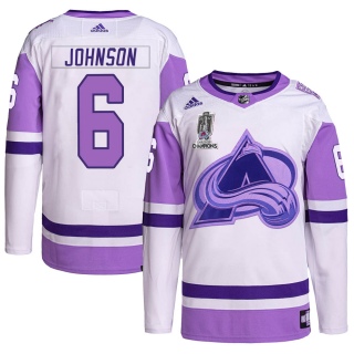 Men's Erik Johnson Colorado Avalanche Adidas Hockey Fights Cancer 2022 Stanley Cup Champions Jersey - Authentic White/Purple