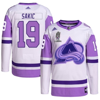 Men's Joe Sakic Colorado Avalanche Adidas Hockey Fights Cancer 2022 Stanley Cup Champions Jersey - Authentic White/Purple