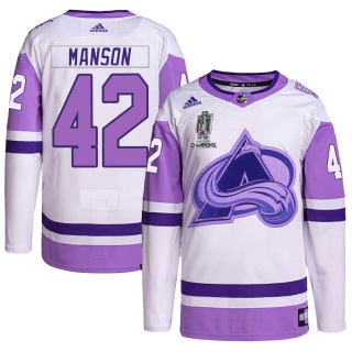 Men's Josh Manson Colorado Avalanche Adidas Hockey Fights Cancer 2022 Stanley Cup Champions Jersey - Authentic White/Purple