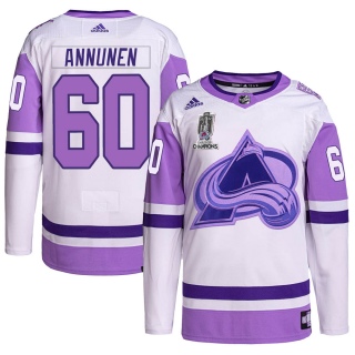 Men's Justus Annunen Colorado Avalanche Adidas Hockey Fights Cancer 2022 Stanley Cup Champions Jersey - Authentic White/Purple