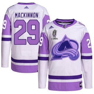 Men's Nathan MacKinnon Colorado Avalanche Adidas Hockey Fights Cancer 2022 Stanley Cup Champions Jersey - Authentic White/Purple