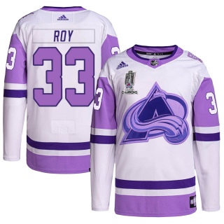 Men's Patrick Roy Colorado Avalanche Adidas Hockey Fights Cancer 2022 Stanley Cup Champions Jersey - Authentic White/Purple