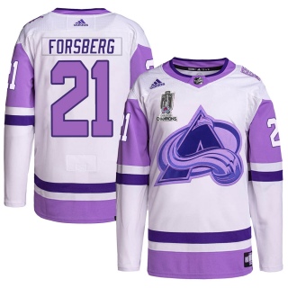 Men's Peter Forsberg Colorado Avalanche Adidas Hockey Fights Cancer 2022 Stanley Cup Champions Jersey - Authentic White/Purple