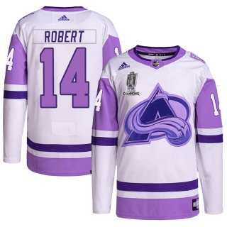 Men's Rene Robert Colorado Avalanche Adidas Hockey Fights Cancer 2022 Stanley Cup Champions Jersey - Authentic White/Purple