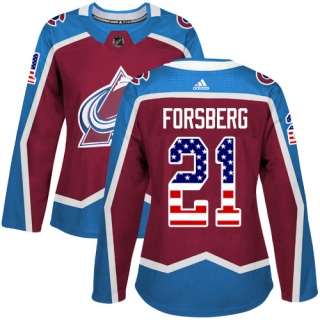 Women's Peter Forsberg Colorado Avalanche Adidas Burgundy USA Flag Fashion Jersey - Authentic Red