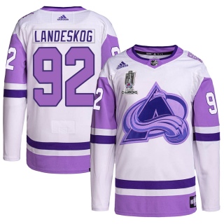 Youth Gabriel Landeskog Colorado Avalanche Adidas Hockey Fights Cancer 2022 Stanley Cup Champions Jersey - Authentic White/Purpl