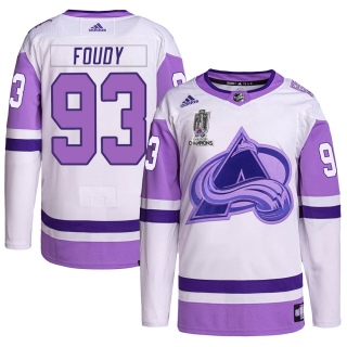 Youth Jean-Luc Foudy Colorado Avalanche Adidas Hockey Fights Cancer 2022 Stanley Cup Champions Jersey - Authentic White/Purple