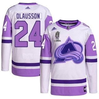 Youth Oskar Olausson Colorado Avalanche Adidas Hockey Fights Cancer 2022 Stanley Cup Champions Jersey - Authentic White/Purple