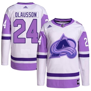 Youth Oskar Olausson Colorado Avalanche Adidas Hockey Fights Cancer Primegreen Jersey - Authentic White/Purple