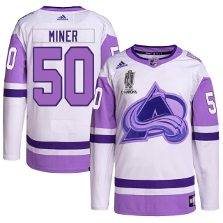 Youth Trent Miner Colorado Avalanche Adidas Hockey Fights Cancer 2022 Stanley Cup Champions Jersey - Authentic White/Purple